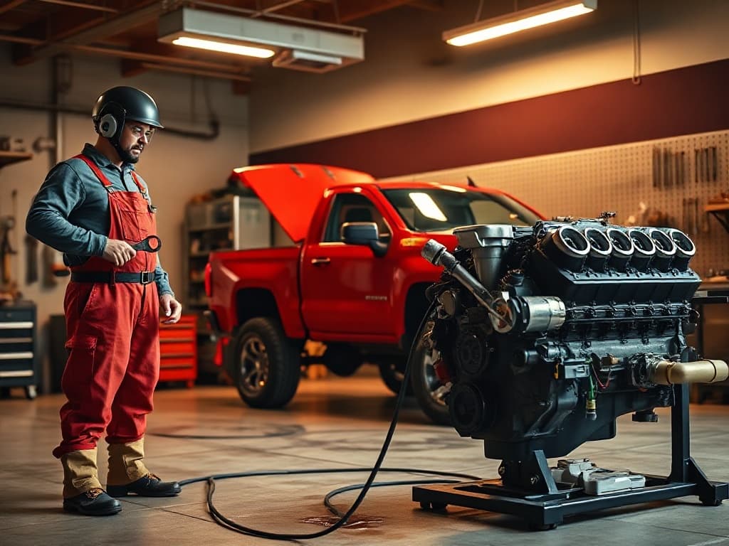 Hands-on wrencher beside a lifted LS V8 truck with the hood open and a separate LS V8 engine block on a rotating stand, in a warm-lit shop bay with pegboard tools.
