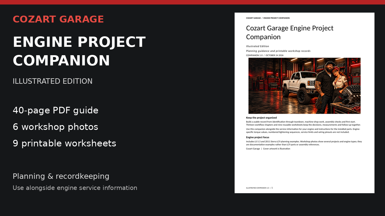 Engine Project Companion: 40-page PDF, six workshop photos and nine printable worksheets, with the actual illustrated guide cover