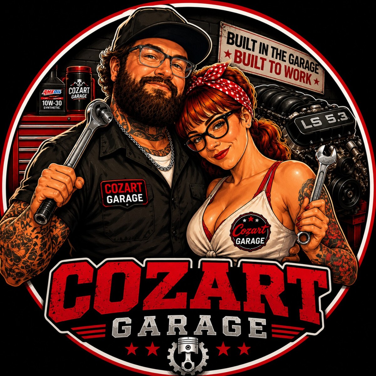 Cozart Garage illustration of Justin and his wife with tools and an engine
