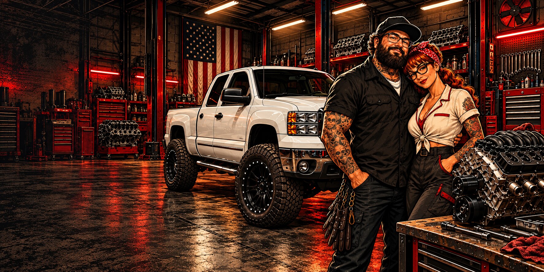 Illustration of Justin and his wife beside a white pickup and an engine in the Cozart Garage workshop