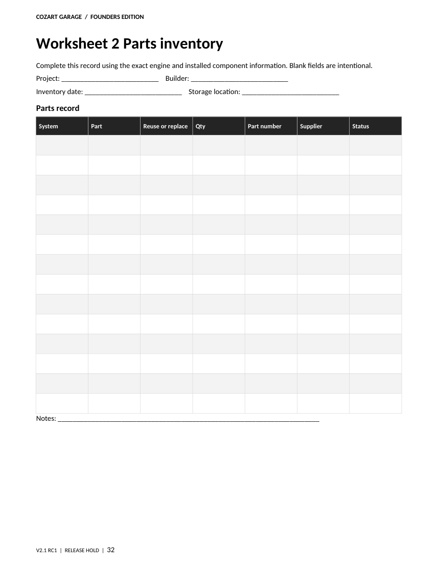 Parts inventory worksheet, original page 32